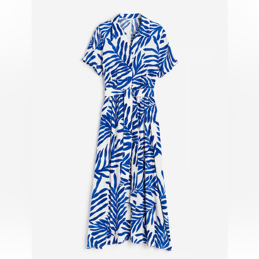 Blue and White Leaf Print Maxi Dress